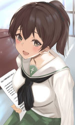 Rule 34 | 1girl, black neckerchief, black ribbon, blouse, brown eyes, brown hair, commentary, girls und panzer, green skirt, hair ribbon, highres, holding, holding paper, indoors, koyama yuzu, leaning forward, light blush, light particles, long sleeves, looking at viewer, mamaa (maeni6379), medium hair, neckerchief, ooarai school uniform, open mouth, paper, pleated skirt, ribbon, sailor collar, school uniform, serafuku, shirt, short ponytail, skirt, smile, solo, sunlight, white sailor collar, white shirt, window