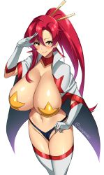 Rule 34 | 1girl, absurdres, artist name, blush, breasts, cameltoe, cape, chromatic aberration, cleavage, collarbone, elbow gloves, gloves, hand on own hip, highres, huge breasts, long hair, navel, pasties, ponytail, red hair, salute, shiny skin, smile, sole gem, solo, space yoko, star (symbol), star pasties, stomach, tengen toppa gurren lagann, thick thighs, thighhighs, thighs, thong, very long hair, white background, yellow eyes, yoko littner