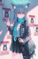 Rule 34 | 1girl, animal ear fluff, animal ears, bag, bag charm, black hair, blazer, blue archive, blue eyes, blue necktie, blue scarf, breast pocket, buttoned cuffs, buttons, cameo, cat ears, cat girl, charm (object), collared shirt, commentary request, grey hair, hair between eyes, halo, highres, id card, jacket, long hair, long sleeves, looking at viewer, medium hair, mismatched pupils, missing poster, necktie, plaid, plaid skirt, pleated skirt, pocket, poster (object), red eyes, sad, scarf, school bag, school uniform, serika (blue archive), shiroko (blue archive), shirt, shoulder bag, sidelocks, skirt, solo, translation request, twintails, white shirt, wolf ears, wolf girl, yodistira404