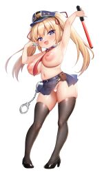 Rule 34 | 1girl, absurdres, ajifurai, arm up, armpits, baton, black footwear, black thighhighs, blonde hair, blue eyes, blush, breasts, censored, cuffs, detached collar, fang, hair ribbon, handcuffs, hat, heart, heart-shaped pupils, heart censor, high heels, highres, large breasts, long hair, looking at viewer, navel, necktie, nipples, no panties, open mouth, oppai loli, original, police hat, pouch, red necktie, ribbon, simple background, skirt, smile, solo, symbol-shaped pupils, thighhighs, topless, twintails, whistle, white background