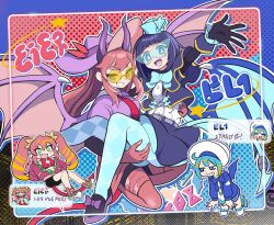 Rule 34 | 2girls, blue eyes, blue hair, bow, bowtie, carrying, chat log, chibi, demon girl, demon horns, demon wings, duel monster, evil twin ki-sikil, evil twin lil-la, fang, gloves, green eyes, grin, hat, highres, horns, jacket, kamina shades, ki-sikil (yu-gi-oh!), lil-la (yu-gi-oh!), live twin ki-sikil, live twin lil-la, long hair, medium hair, multiple girls, necktie, open mouth, princess carry, red hair, shoes, smile, sneakers, sunglasses, thighhighs, twintails, wadatsumi (sense11531153), wings, yu-gi-oh!, yuri