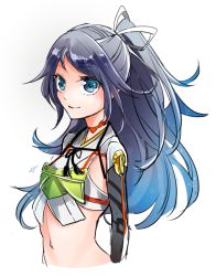 Rule 34 | 10s, 1girl, armor, asymmetric gloves, asymmetrical gloves, blue eyes, blue hair, from side, gloves, gradient hair, hair ribbon, japanese clothes, kantai collection, katsuragi (kancolle), kuyuu (somari), light smile, long hair, looking at viewer, matching hair/eyes, messy hair, midriff, multicolored hair, navel, ponytail, remodel (kantai collection), ribbon, simple background, solo, uneven gloves, upper body, wavy hair