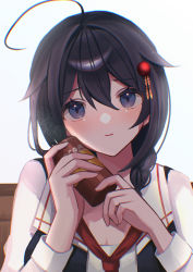Rule 34 | 1girl, absurdres, adapted costume, ahoge, black hair, black vest, blue eyes, braid, can, canned coffee, commentary request, drink can, hair flaps, hair ornament, hair over shoulder, highres, kantai collection, long hair, looking at viewer, necktie, red necktie, shigure (kancolle), shigure kai ni (kancolle), shirt, simple background, single braid, solo, takemochi, upper body, vest, white background, white shirt