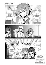 Rule 34 | 1boy, 3girls, 3koma, admiral (kancolle), angry, asashio (kancolle), bow, bowtie, chair, closed eyes, closed mouth, collared shirt, comic, commentary, double bun, dress, emphasis lines, english commentary, english text, flying sweatdrops, gameplay mechanics, greyscale, hair bun, hair ribbon, hands up, head tilt, highres, indoors, kantai collection, kasumi (kancolle), kasumi kai ni (kancolle), long hair, long sleeves, looking at another, michishio (kancolle), military, military uniform, monochrome, multiple girls, neck ribbon, open mouth, own hands together, pinafore dress, ribbon, shaded face, sheita, shirt, short hair, short twintails, shouting, side ponytail, sidelocks, sitting, sleeveless, sleeveless dress, smile, speech bubble, standing, striped bow, striped bowtie, striped clothes, striped neckwear, suspenders, sweatdrop, twintails, uniform, v-shaped eyebrows, wing collar