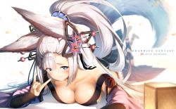 Rule 34 | 1girl, animal ears, artist name, barefoot, blue eyes, blurry, blush, breasts, closed mouth, collarbone, commentary request, copyright name, depth of field, english text, erune, fox shadow puppet, granblue fantasy, hair ornament, hairpin, hand gesture, high ponytail, highres, kurotobi rarumu, large breasts, legs up, long hair, lying, on stomach, silver hair, smile, societte (granblue fantasy), solo, tail, twitter username, very long hair, white background
