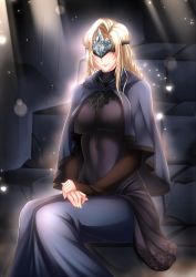Rule 34 | 1girl, black dress, blindfold, blonde hair, blush, breasts, cape, closed mouth, covered eyes, dark souls (series), dark souls iii, domino mask, dress, fire keeper, large breasts, light particles, long hair, long sleeves, looking at viewer, mask, megatama, sitting, sitting on stairs, skin tight, smile, solo, stairs, sunlight