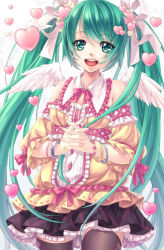 Rule 34 | 1girl, bracelet, green eyes, green hair, hair ribbon, hatsune miku, heart, jewelry, long hair, maple, maple (maplehy), matching hair/eyes, open mouth, own hands clasped, own hands together, ribbon, skirt, solo, thighhighs, twintails, very long hair, vocaloid, white background, wings