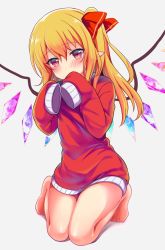 Rule 34 | 1girl, alternate costume, bare legs, barefoot, blonde hair, blush, commentary request, crystal, flandre scarlet, full body, grey background, hair between eyes, hair ribbon, head tilt, highres, long hair, long sleeves, looking at viewer, naked sweater, no headwear, one side up, pointy ears, red eyes, red ribbon, red sweater, ribbon, rimu (kingyo origin), seiza, shadow, simple background, sitting, sleeves past fingers, sleeves past wrists, solo, sweater, thighs, touhou, wings