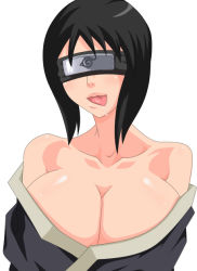 Rule 34 | 1girl, :p, bare shoulders, black hair, blindfold, breasts, cleavage, forehead protector, huge breasts, naruto, naruto (series), saliva, shizune (naruto), solo, tongue, tongue out, upper body, withpride
