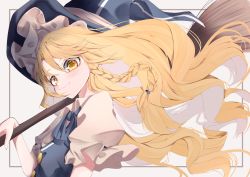 Rule 34 | 1girl, black ribbon, blonde hair, border, braid, broom, buttons, carrying over shoulder, fang, floating hair, from side, hat, highres, kirisame marisa, long hair, looking at viewer, neck ribbon, portrait, puffy sleeves, ribbon, short sleeves, side braid, simple background, single braid, smile, solo, swept bangs, touhou, tsune (tune), vest, witch hat, yellow eyes