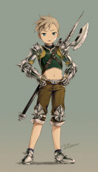 Rule 34 | 1boy, aqua eyes, artist name, crop top, full body, gauntlets, hands on own hips, looking at viewer, male focus, midriff, navel, noeyebrow (mauve), open mouth, original, polearm, short hair, shorts, solo, standing, weapon