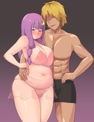 Rule 34 | 1boy, 1girl, bad id, bad pixiv id, belly, blonde hair, blush, breasts, crescent, faceless, faceless male, fat, highres, huge breasts, lingerie, long hair, mamigon, muscular, patchouli knowledge, plump, purple eyes, purple hair, touhou, underwear
