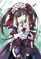 Rule 34 | 1girl, :d, asymmetrical hair, black hair, book, breasts, clock eyes, colorized, cowboy shot, date a live, detached collar, detached sleeves, floating hair, garter straps, hairband, head tilt, heterochromia, highres, holding, index finger raised, lolita hairband, long hair, looking at viewer, medium breasts, musical note, novel illustration, official art, open mouth, red eyes, short sleeves, smile, solo, standing, symbol-shaped pupils, thighhighs, tokisaki kurumi, tsunako, twintails, very long hair, wrist cuffs, yellow eyes