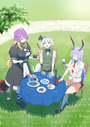 3girls alcohol animal_ears bead_necklace beads black_bow black_bowtie black_dress black_footwear black_hair blonde_hair blue_eyes blush boots bottle bow bow_hairband bowtie breasts cake cake_slice carrot_pin chair closed_eyes closed_mouth cobblestone collared_shirt commentary_request cross-laced_clothes cross-laced_dress cup cupcake day dress drinking_glass food frilled_sleeves frills from_above full_body ghost gradient_hair grass green_skirt green_vest grey_hair hairband highres hijiri_byakuren jewelry konpaku_youmu konpaku_youmu_(ghost) large_breasts layered_dress loafers long_hair looking_at_another looking_at_viewer macaron medium_breasts multicolored_hair multiple_girls necklace necktie nekobatake open_mouth outdoors path pink_skirt puffy_short_sleeves puffy_sleeves purple_hair rabbit_ears rabbit_girl red_necktie reisen_udongein_inaba road sandwich saucer shirt shoes short_sleeves sitting skirt skirt_set small_breasts smile socks table tablecloth tea teacup tiered_tray touhou very_long_hair vest white_dress white_shirt white_socks wine wine_bottle wine_glass