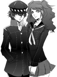 Rule 34 | 2girls, androgynous, ass, atlus, cabbie hat, couple, crossdressing, greyscale, hand on another&#039;s shoulder, hat, holding hands, kujikawa rise, legs, long twintails, looking at viewer, monochrome, multiple girls, persona, persona 4, reverse trap, school uniform, serafuku, serious, shirogane naoto, short hair, skirt, smile, tn studio, twintails