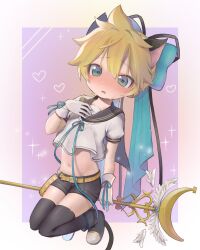 Rule 34 | 1boy, animal ears, black footwear, black ribbon, black sailor collar, black shorts, black thighhighs, blonde hair, blue bow, blue eyes, blue ribbon, blush, border, bow, cat ears, cat tail, fake animal ears, fake tail, gloves, hair between eyes, hair bow, hair ribbon, hand on own chest, heart, highres, holding, holding staff, kagamine len, messy hair, navel, open mouth, purple background, ribbon, sailor collar, shirt, short hair, short sleeves, shorts, solo, sparkle, staff, sweatdrop, tail, thighhighs, thighs, urin (coconuts3252), vocaloid, white border, white gloves, white shirt