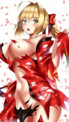 Rule 34 | ahoge, bad id, bad pixiv id, blonde hair, bow, breasts, cherry blossoms, commentary request, cowboy shot, fary5, fate/grand order, fate (series), green eyes, hair bow, hair intakes, hair tubes, highres, japanese clothes, kimono, large breasts, long hair, navel, nero claudius (fate), nero claudius (fate) (all), nero claudius (fate/extra), open mouth, ponytail, torn clothes, white background