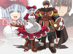 Rule 34 | 1boy, 1girl, :d, apron, armor, bad id, bad pixiv id, blue hair, blush, bob cut, boots, bow, breasts, brown hair, cape, character request, copyright name, cross-laced footwear, defender (elona), dress, elbow gloves, elona, frown, gloves, grey eyes, hair bow, hair ribbon, highres, large bow, large breasts, looking at viewer, open mouth, ribbon, serious, shield, short hair, smile, staff, standing, standing on one leg, sword, ueda katsuhito, warrior, weapon, zoom layer