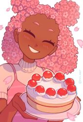 1girl absurdres cake dark-skinned_female dark_skin double_bun closed_eyes flower food hair_bun halftone highres holding holding_cake holding_food original outline parted_lips petals pink_flower plate shadow short_sleeves simple_background smile solo svv_art twitter_username upper_body white_background white_outline