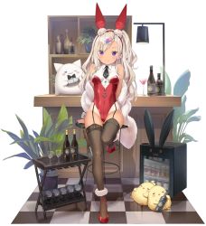Rule 34 | 1girl, animal ears, archerfish (azur lane), archerfish (coquettish bunny) (azur lane), azur lane, bare shoulders, bird, black thighhighs, bottle, breasts, cat, chick, closed mouth, cocktail glass, cup, drinking glass, fake animal ears, feather boa, garter straps, hairband, highleg, highleg leotard, highres, kani biimu, leg up, leotard, long hair, looking at viewer, manjuu (azur lane), medium breasts, meowfficer (azur lane), necktie, off shoulder, official alternate costume, official art, one side up, playboy bunny, purple eyes, rabbit ears, red footwear, red leotard, shoes, short necktie, silver hair, sitting, smile, solo, stool, tan, tanline, thighhighs, thighs, transparent background, wavy hair, wing collar