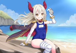 Rule 34 | 1girl, beer can, black jacket, blush, can, curled horns, demon girl, demon horns, drink can, elbow gloves, emma august, emma august (1st costume), epaulettes, fukami (aoiro hakkyou diode), gloves, hair between eyes, highres, horns, jacket, jacket on shoulders, long hair, name tag, nijisanji, old school swimsuit, one-piece swimsuit, pointy ears, red horns, school swimsuit, single thighhigh, smile, solo, striped clothes, striped thighhighs, swimsuit, thighhighs, torn clothes, virtual youtuber, white gloves