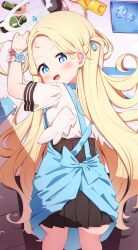 Rule 34 | 1girl, apron, arms up, ass, bent over, black skirt, blonde hair, blue apron, blue archive, blue eyes, blue flower, blue ribbon, blush, bottle, commentary request, feet out of frame, flower, forehead, from behind, hair ribbon, halo, highres, long hair, looking at viewer, looking back, low wings, mini wings, open mouth, pleated skirt, red flower, ribbon, scanner, scrunchie, setmen, shirt, short sleeves, skirt, solo, sora (blue archive), standing, very long hair, white scrunchie, white shirt, white wings, wings, wrist scrunchie