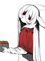 Rule 34 | 1girl, :&lt;, animal ears, bad id, bad twitter id, basket, capelet, carrot, hair between eyes, head tilt, highres, holding, holding basket, limited palette, long hair, long sleeves, looking at viewer, original, rabbit ears, rabbit girl, red capelet, red eyes, shirokujira, simple background, sketch, sleeve cuffs, solo, upper body, very long hair, white background, white hair