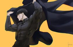 Rule 34 | 1boy, arms up, bani-lizo, black bodysuit, black hair, black robe, bodysuit, bowl cut, closed mouth, cowboy shot, highres, holding, holding clothes, male focus, mash burnedead, mashle, muscular, muscular male, profile, robe, short hair, simple background, solo, standing, yellow background, yellow eyes