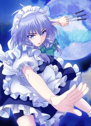 Rule 34 | 1girl, absurdres, apron, bad id, bad pixiv id, between fingers, blue eyes, bow, braid, frilled apron, frills, green bow, hair bow, highres, holding, holding knife, izayoi sakuya, knife, knives between fingers, looking at viewer, lucky m7, maid headdress, moon, night, night sky, parted lips, puffy short sleeves, puffy sleeves, short sleeves, silver hair, sky, solo, touhou, twin braids, weapon