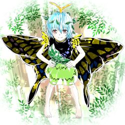 Rule 34 | 1girl, absurdres, antennae, aqua hair, barefoot, blush, brown eyes, butterfly wings, closed mouth, dress, eternity larva, fairy, full body, green dress, hair between eyes, highres, insect wings, leaf, leaf on head, multicolored clothes, multicolored dress, shinkai no shachi, short hair, short sleeves, single strap, smile, solo, touhou, wings