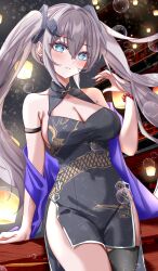 Rule 34 | 1girl, absurdres, architecture, armband, azur lane, bare shoulders, black dress, blue hair, blue shawl, blush, breasts, bubble, china dress, chinese clothes, cleavage, cleavage cutout, clothing cutout, covered navel, dress, earrings, east asian architecture, from side, grey hair, hair between eyes, hair ornament, highres, intrepid (azur lane), jewelry, lantern, large breasts, looking at viewer, parted lips, patterned clothing, shawl, sideboob, solo, thighs, twintails, vayneeeee