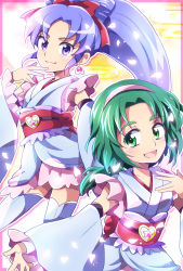 Rule 34 | 2girls, akimoto komachi, bow-shaped hair, brooch, cosplay, crossover, cure fortune, cure fortune (anmitsu komachi), cure fortune (cosplay), detached sleeves, earrings, frills, green eyes, green hair, hair ornament, hair ribbon, hairband, happinesscharge precure!, heart, heart brooch, hikawa iona, hitopm, japanese clothes, jewelry, magical girl, multiple girls, name connection, ponytail, precure, pun, purple eyes, purple hair, ribbon, wide ponytail, yes! precure 5, yes! precure 5 gogo!