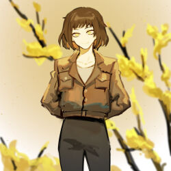 Rule 34 | 1girl, arms behind back, black pants, branch, brown hair, brown jacket, closed mouth, collarbone, cowboy shot, dongbaek (project moon), flower, jacket, limbus company, long sleeves, looking at viewer, nishikujic, pants, photoshop (medium), project moon, shirt, smile, solo, standing, tree, white shirt, yellow flower