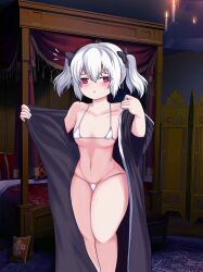Rule 34 | 1girl, absurdres, bikini, black bow, black robe, blush, bow, breasts, cleft of venus, clothes grab, embarrassed, feet out of frame, female focus, hair bow, highres, hood, hood down, hooded robe, indoors, kyuuden orgren, legs together, looking at viewer, micro bikini, open clothes, open robe, parted lips, petite, red eyes, rin (pixiv14331502), robe, short hair, short twintails, small breasts, solo, standing, swimsuit, teeth, thick thighs, thighs, twintails, two-tone robe, undressing, white bikini, white hair, white robe, yuusha ga shinda!