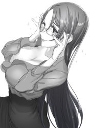 Rule 34 | 1girl, adjusting eyewear, blouse, blush, breasts, cleavage, fate/grand order, fate (series), frilled shirt, frills, glasses, greyscale, highres, large breasts, long hair, minamoto no raikou (fate), monochrome, nakuta, pantyhose, shirt, shirt tucked in, simple background, skirt, smile, solo, sparkle, very long hair