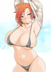 Rule 34 | 1girl, 41 (taskmaster41), armpits, arms up, belly, bikini, black bikini, blue eyes, boudica (fate), breasts, cleavage, clothes lift, commentary request, fate/grand order, fate (series), highres, huge breasts, looking to the side, plump, ponytail, red hair, shirt lift, short hair, skindentation, smile, solo, swimsuit, thighs