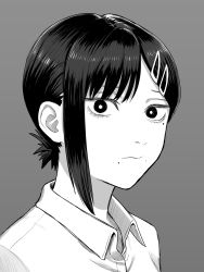 Rule 34 | 1girl, chainsaw man, closed mouth, collared shirt, commentary request, grey background, greyscale, hair ornament, hairclip, higashiyama kobeni, highres, koma neko, looking at viewer, mole, mole under eye, mole under mouth, monochrome, multiple moles, portrait, shirt, short hair, short ponytail, sidelocks, simple background, solo