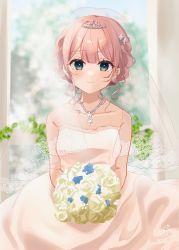 Rule 34 | 1girl, blue eyes, blurry, blurry background, blush, bouquet, braid, bridal veil, bride, dress, earrings, flower, flower earrings, hair flower, hair ornament, highres, holding, holding bouquet, jewelry, lace veil, looking at viewer, necklace, original, outdoors, pearl necklace, pink hair, rino cnc, rose, short hair, sidelocks, smile, solo, strapless, strapless dress, tiara, veil, wedding, wedding dress, white flower, white rose