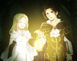 Rule 34 | 1boy, 1girl, arm at side, ascot, bad id, bad pixiv id, black cape, black gloves, black hair, blonde hair, blue eyes, blurry, blurry background, book, brooch, cape, cleric, closed eyes, cyrus (octopath traveler), dress, elbow gloves, facing viewer, foxfire cl sedona hr, gloves, holding, holding lantern, jewelry, lantern, long sleeves, low ponytail, medium hair, night, octopath traveler, octopath traveler i, ophilia (octopath traveler), parted bangs, ponytail, priestess, side ponytail, standing, white cape, white dress