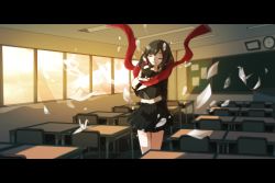 Rule 34 | 1girl, arm behind back, black hair, classroom, closed eyes, curtains, desk, floating scarf, hair ornament, hairclip, indoors, kagerou project, lemontea, letterboxed, long hair, loss time memory (vocaloid), origami, paper, paper crane, red scarf, scarf, school, school desk, school uniform, serafuku, skirt, solo, tateyama ayano, vocaloid, window