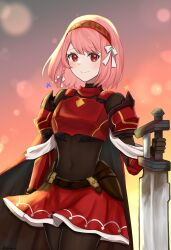 Rule 34 | 1girl, absurdres, armor, bodystocking, braid, cape, covered navel, crop top, fire emblem, fire emblem engage, grey hairband, hairband, highres, holding, holding sword, holding weapon, lapis (fire emblem), nintendo, otokajife, pink eyes, pink hair, red armor, red cape, red hairband, red skirt, ribbon, side braid, skirt, solo, sword, two-tone hairband, weapon, white ribbon