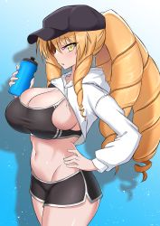 Rule 34 | 1girl, baseball cap, black hat, black shorts, black sports bra, blonde hair, blue background, blush, bottle, breasts, bursting breasts, cleavage, coyomin, cropped jacket, dolphin shorts, drawstring, drill hair, fate/kaleid liner prisma illya, fate (series), gradient background, hand on own hip, hat, highres, hood, hooded jacket, jacket, large breasts, long hair, long sleeves, looking at viewer, luviagelita edelfelt, navel, open mouth, ponytail, shadow, short shorts, shorts, shrug (clothing), sideboob, sidelocks, solo, sports bra, thighs, toned, very long hair, water bottle, yellow eyes