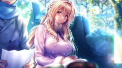Rule 34 | 1girl, amakano 2, azarashi soft, blonde hair, blue scarf, blush, breasts, closed mouth, coat, day, fur collar, fur trim, game cg, hair between eyes, highres, holding, holding paper, large breasts, legs, long hair, looking at another, outdoors, pantyhose, paper, pink eyes, piromizu, scarf, sitting, smile, sunlight, thighs, tsutamachi chitose