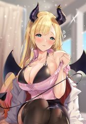 Rule 34 | 1girl, absurdres, bare shoulders, bat tattoo, bikini, blonde hair, blurry, blurry background, blush, breasts, chest tattoo, cleavage, dainana sugune, demon girl, demon horns, demon tail, demon wings, green eyes, heart, highres, hololive, horns, large breasts, long hair, looking at viewer, off shoulder, parted lips, school, solo, strap gap, swimsuit, tail, tattoo, thighhighs, virtual youtuber, wings, yuzuki choco