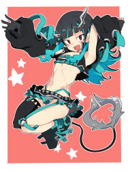 Rule 34 | 1girl, nanashi inc., :d, arm up, armpits, belt, belt bra, black footwear, black gloves, black hair, black jacket, black skirt, black thighhighs, blue belt, blue hair, blue panties, blue socks, blush, chest belt, clothing cutout, commentary request, cropped jacket, cross-laced clothes, cross-laced sleeves, demon girl, demon horns, demon tail, fang, flat chest, full body, garter straps, gloves, grey skirt, highleg, highleg panties, highres, horns, jacket, jumping, layered skirt, long hair, long sleeves, looking at viewer, midriff, multicolored hair, navel, open clothes, open jacket, open mouth, panties, partially fingerless gloves, pink background, pointy ears, red eyes, shishio chris, shoes, shoulder cutout, single thighhigh, skirt, smile, sneakers, socks, solo, star (symbol), sugar lyric, tail, thighhighs, tomatojam, two-tone hair, underwear, virtual youtuber, white background, zipper skirt