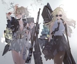 Rule 34 | 2girls, ahoge, anno88888, aviator sunglasses, black legwear, black neckwear, black shirt, black skirt, blonde hair, blood, blood on face, blue eyes, bolt action, breasts, cleavage, closed mouth, flight deck, gradient background, gun, highres, hornet (kancolle), intrepid (kancolle), kantai collection, large breasts, light brown hair, long hair, m1903 springfield, multiple girls, necktie, one eye closed, open mouth, pantyhose, pencil skirt, ponytail, rifle, rigging, shirt, short sleeves, simple background, skirt, sleeveless, sleeveless shirt, smoke, sunglasses, tinted eyewear, torn clothes, weapon, white shirt