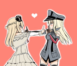 Rule 34 | 2girls, atsushi (aaa-bbb), bare shoulders, bismarck (kancolle), blonde hair, blush, braid, breasts, brown gloves, corset, crown, detached sleeves, dress, eye contact, french braid, from side, gloves, hairband, hat, heart, index finger raised, jewelry, kantai collection, koi dance, long hair, long sleeves, looking at another, medium breasts, military, military hat, military uniform, mini crown, multiple girls, necklace, off-shoulder dress, off shoulder, parody, peaked cap, red ribbon, ribbon, simple background, smile, thighhighs, uniform, upper body, warspite (kancolle), white background, white dress