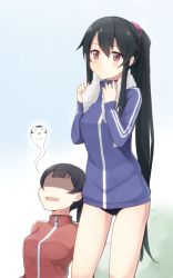 Rule 34 | 10s, 2girls, :d, agano (kancolle), alternate costume, alternate hairstyle, black hair, breasts, buruma, commentary request, giving up the ghost, gym uniform, hair ornament, jacket, kantai collection, long hair, looking at viewer, multiple girls, open mouth, ponytail, rectangular mouth, red eyes, scrunchie, shaded face, simple background, sitting, smile, standing, sui (tsuruhibiki), towel, towel around neck, track jacket, yahagi (kancolle), zipper