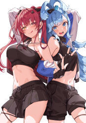 Rule 34 | 2girls, absurdres, arm behind head, bare shoulders, black shirt, black shorts, black skirt, blue eyes, blue hair, blue nails, blush, breasts, collarbone, crop top, hair ribbon, heart, heart-shaped pupils, heterochromia, highres, hololive, hololive indonesia, houshou marine, iii (hololive), kobo kanaeru, large breasts, long hair, miniskirt, multiple girls, navel, nonomaro, pleated skirt, red eyes, ribbon, shirt, shorts, simple background, skirt, symbol-shaped pupils, tongue, tongue out, twintails, virtual youtuber, w, wavy hair, white background, white hair, yellow eyes