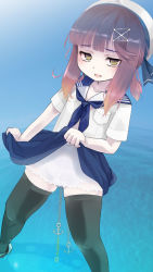Rule 34 | 1girl, alternate eye color, black thighhighs, blue neckerchief, blue sailor collar, blue skirt, blush, breast pocket, cloritin, clothes lift, collarbone, commentary request, eyelashes, flat chest, furrowed brow, gradient hair, half-closed eyes, hat, highres, kantai collection, legs apart, lifted by self, looking at viewer, mole, mole under eye, multicolored hair, neckerchief, open mouth, orange hair, pleated skirt, pocket, purple hair, rudder footwear, sailor collar, sailor hat, school uniform, see-through, serafuku, shirt, short sleeves, sidelocks, skindentation, skirt, skirt lift, solo, thighhighs, triple horizontal stripe, tsushima (kancolle), white hat, white shirt, yellow eyes